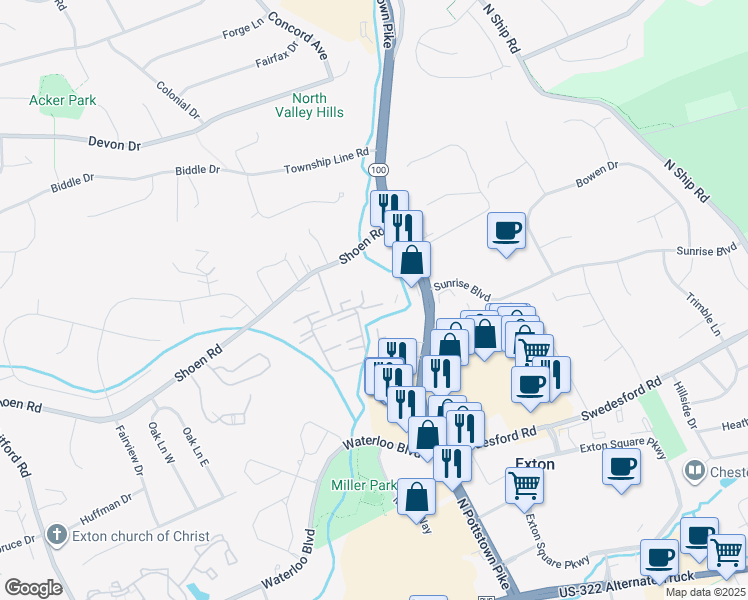 map of restaurants, bars, coffee shops, grocery stores, and more near 190 Apple Drive in Exton