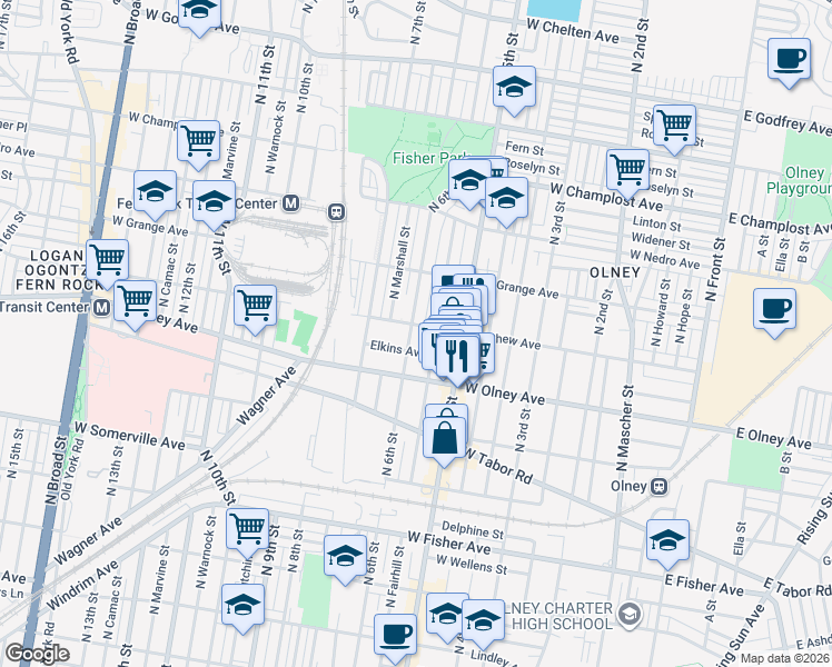 map of restaurants, bars, coffee shops, grocery stores, and more near 546 W Chew Ave in Philadelphia