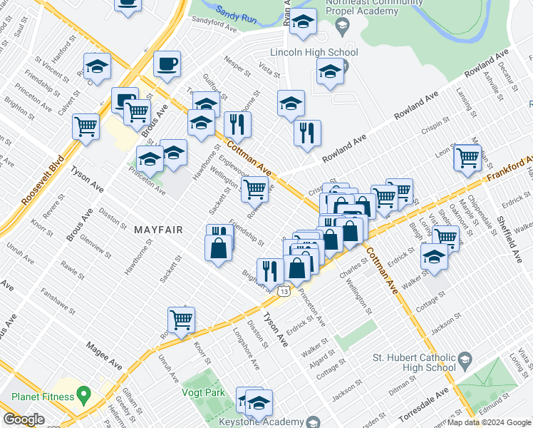map of restaurants, bars, coffee shops, grocery stores, and more near 3318 Wellington Street in Philadelphia