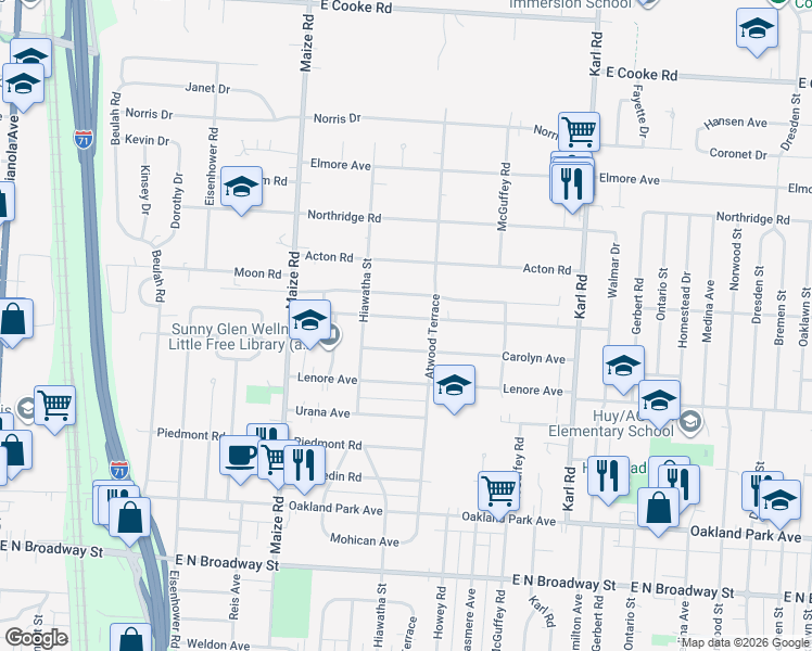map of restaurants, bars, coffee shops, grocery stores, and more near 1139 Pauline Avenue in Columbus
