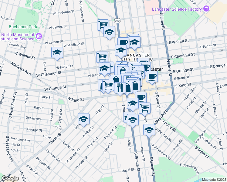 map of restaurants, bars, coffee shops, grocery stores, and more near 233 West King Street in Lancaster