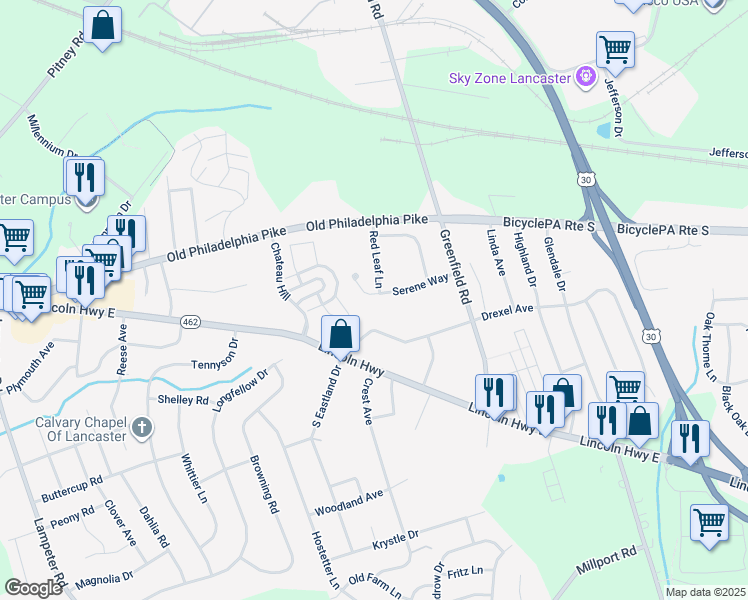 map of restaurants, bars, coffee shops, grocery stores, and more near 1834 Serene Way in Lancaster
