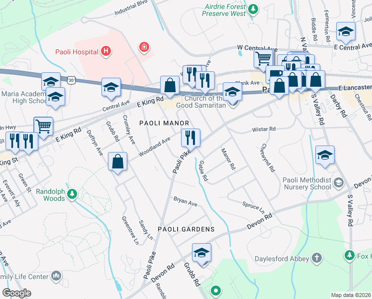 map of restaurants, bars, coffee shops, grocery stores, and more near 38 Fairview Road in Paoli
