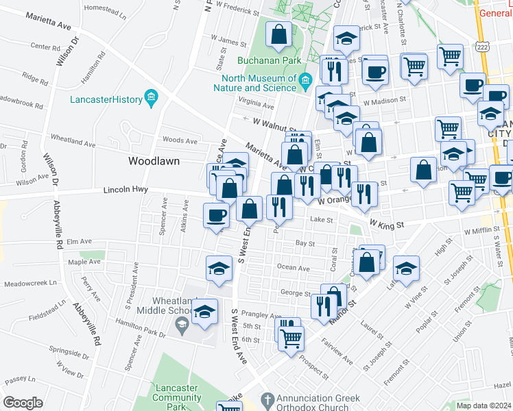 map of restaurants, bars, coffee shops, grocery stores, and more near 842 Columbia Avenue in Lancaster
