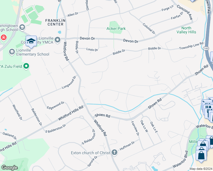map of restaurants, bars, coffee shops, grocery stores, and more near 338 Long Ridge Lane in Exton