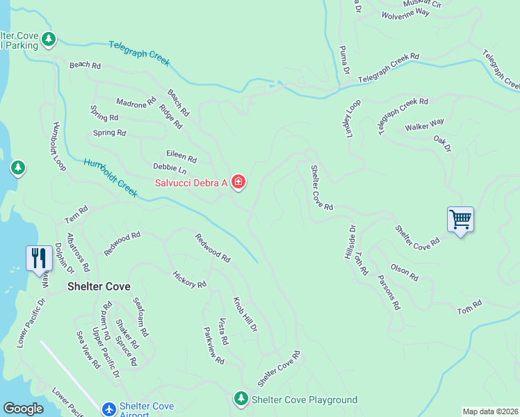 map of restaurants, bars, coffee shops, grocery stores, and more near 8344 Shelter Cove Road in Whitethorn