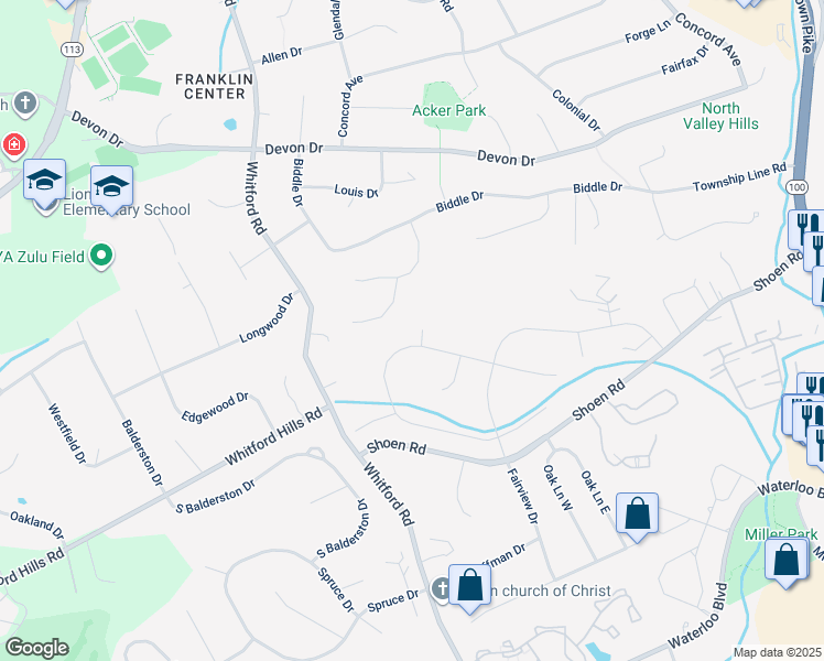 map of restaurants, bars, coffee shops, grocery stores, and more near 338 Long Ridge Lane in Exton