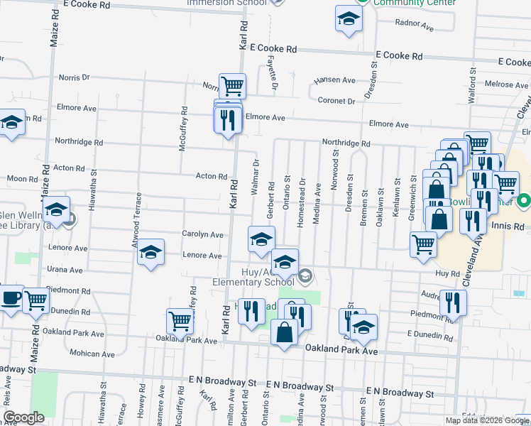 map of restaurants, bars, coffee shops, grocery stores, and more near 3493 Gerbert Road in Columbus