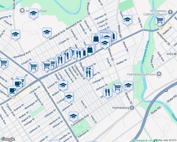 map of restaurants, bars, coffee shops, grocery stores, and more near 4210 Meridian Street in Philadelphia
