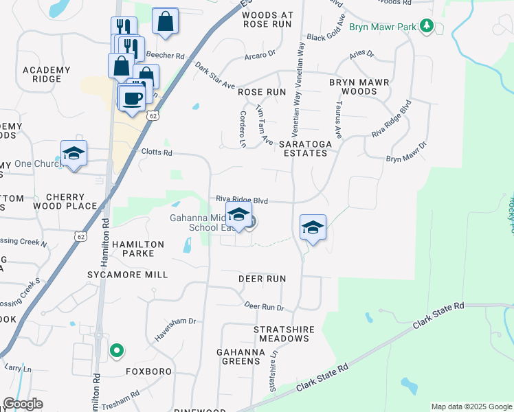 map of restaurants, bars, coffee shops, grocery stores, and more near 815 Riva Ridge Boulevard in Gahanna