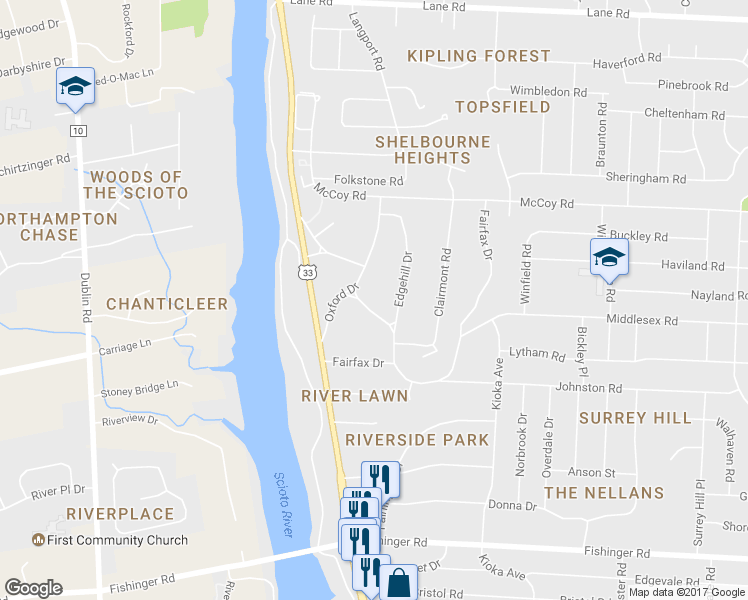 map of restaurants, bars, coffee shops, grocery stores, and more near 2756 Lear Road in Columbus