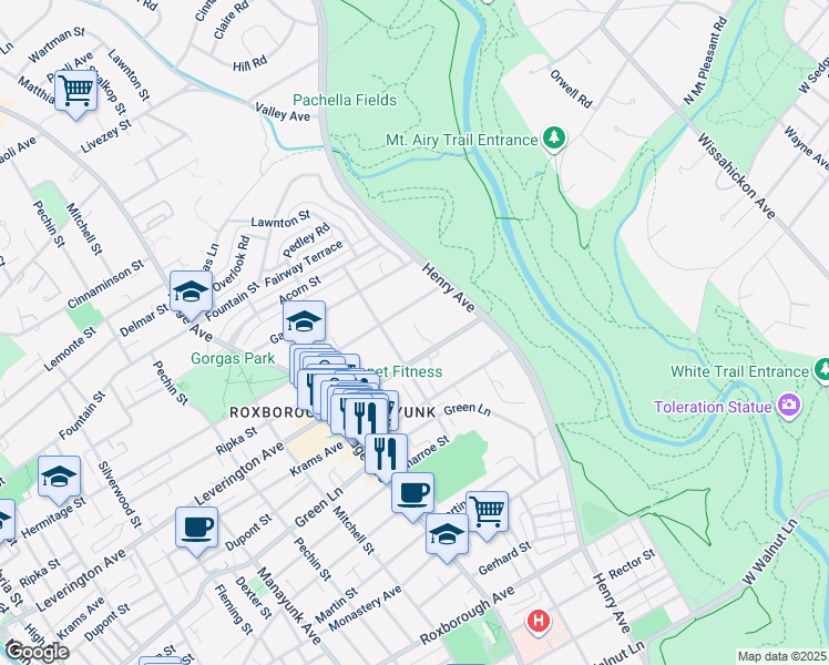 map of restaurants, bars, coffee shops, grocery stores, and more near 628 Leverington Avenue in Philadelphia