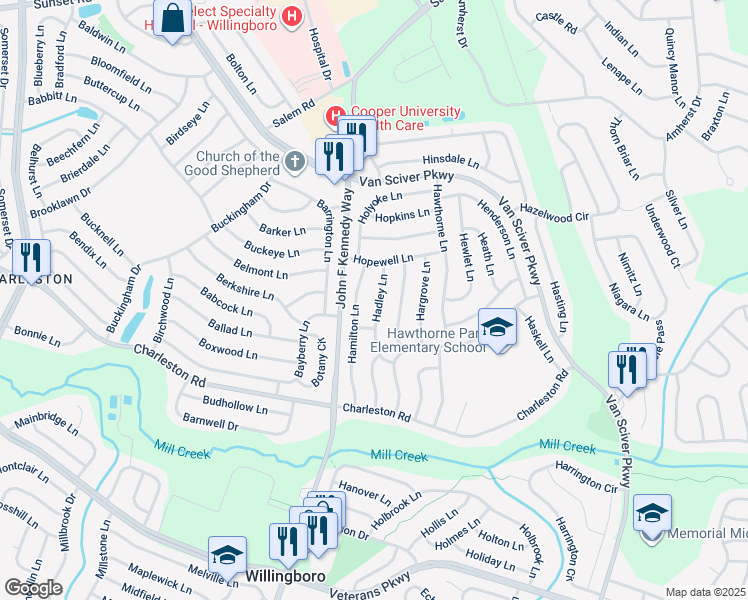map of restaurants, bars, coffee shops, grocery stores, and more near 41 Hadley Lane in Willingboro