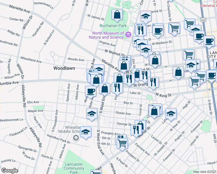 map of restaurants, bars, coffee shops, grocery stores, and more near 836 Columbia Avenue in Lancaster