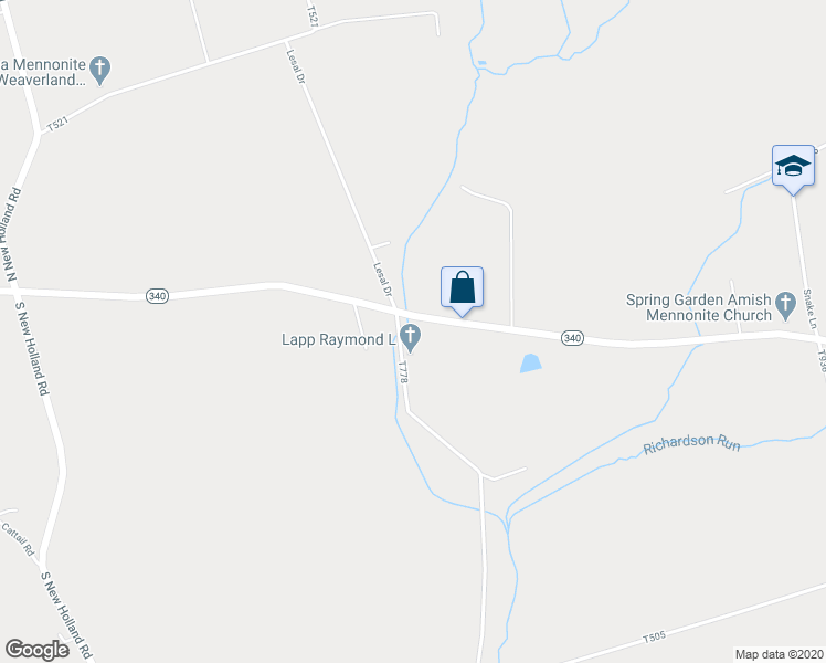 map of restaurants, bars, coffee shops, grocery stores, and more near 5032 Old Philadelphia Pike in Kinzers