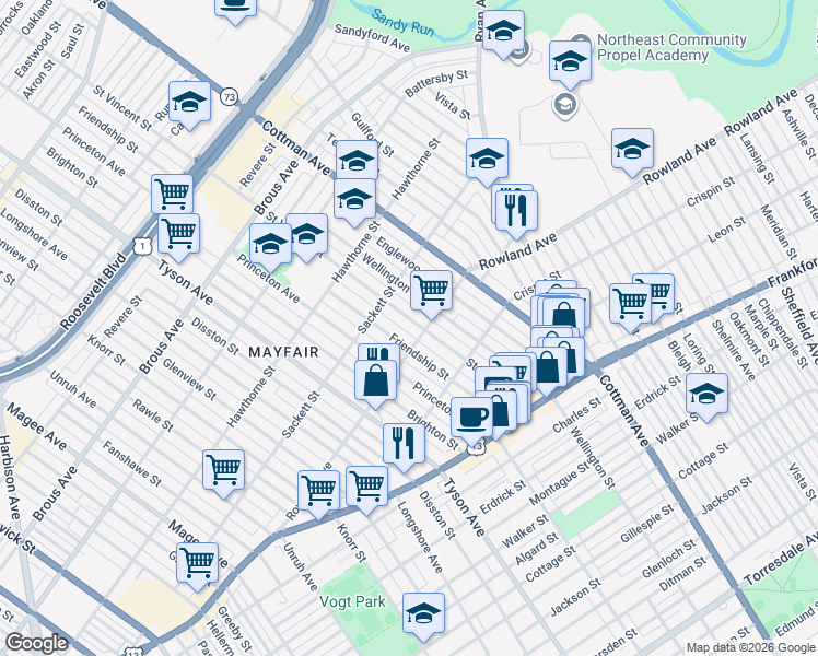 map of restaurants, bars, coffee shops, grocery stores, and more near 3244 Saint Vincent Street in Philadelphia