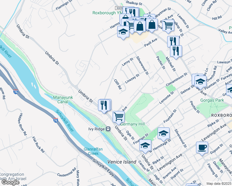 map of restaurants, bars, coffee shops, grocery stores, and more near 304 Lodge Road in Philadelphia