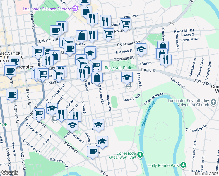 map of restaurants, bars, coffee shops, grocery stores, and more near 636 East End Avenue in Lancaster