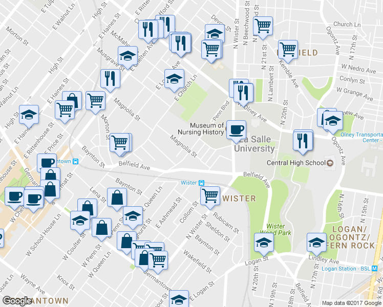 map of restaurants, bars, coffee shops, grocery stores, and more near 498 East Penn Street in Philadelphia