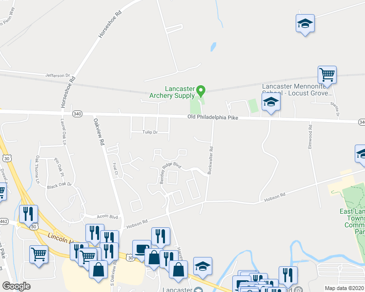 map of restaurants, bars, coffee shops, grocery stores, and more near 1402 Bentley Ridge Boulevard in Lancaster