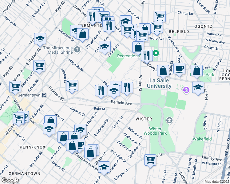 map of restaurants, bars, coffee shops, grocery stores, and more near 498 East Penn Street in Philadelphia