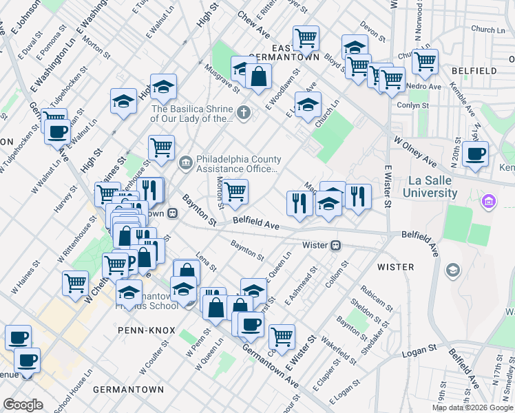 map of restaurants, bars, coffee shops, grocery stores, and more near 362 Church Lane in Philadelphia