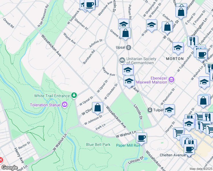map of restaurants, bars, coffee shops, grocery stores, and more near 616 West Upsal Street in Philadelphia