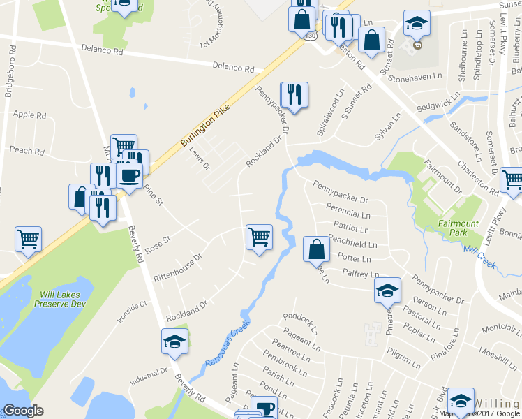 map of restaurants, bars, coffee shops, grocery stores, and more near 13 Raleigh Place in Willingboro