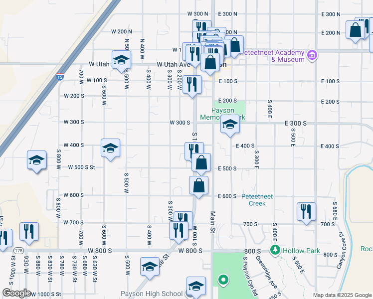 map of restaurants, bars, coffee shops, grocery stores, and more near 213 West 400 South in Payson