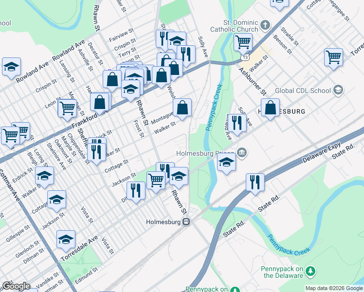 map of restaurants, bars, coffee shops, grocery stores, and more near 8030 Ditman Street in Philadelphia