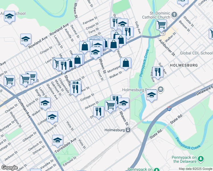 map of restaurants, bars, coffee shops, grocery stores, and more near 4316 Rhawn Street in Philadelphia