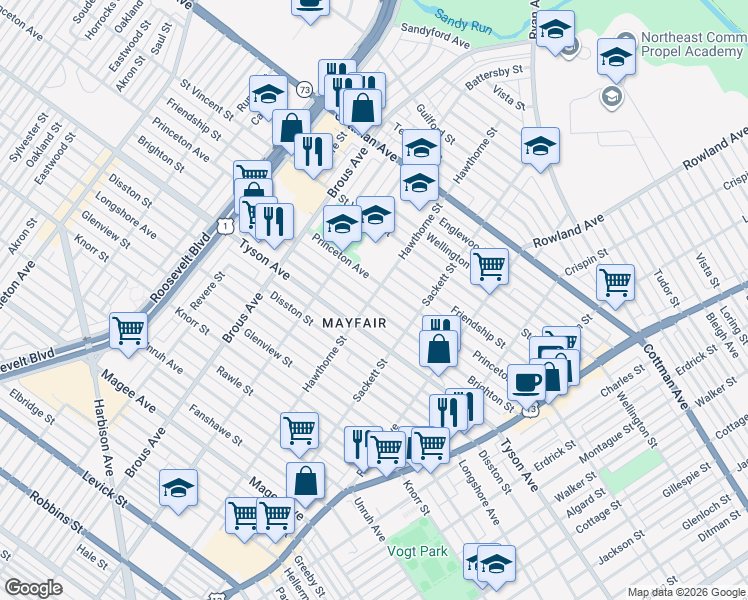 map of restaurants, bars, coffee shops, grocery stores, and more near 3055 Brighton Street in Philadelphia