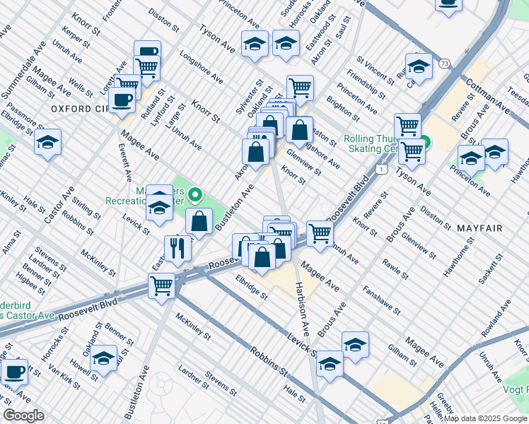 map of restaurants, bars, coffee shops, grocery stores, and more near 2141 Fanshawe Street in Philadelphia