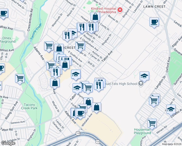 map of restaurants, bars, coffee shops, grocery stores, and more near 657 Allengrove Street in Philadelphia