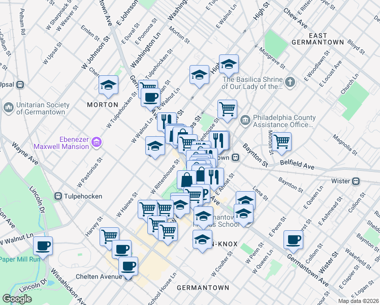 map of restaurants, bars, coffee shops, grocery stores, and more near 34 East Rittenhouse Street in Philadelphia