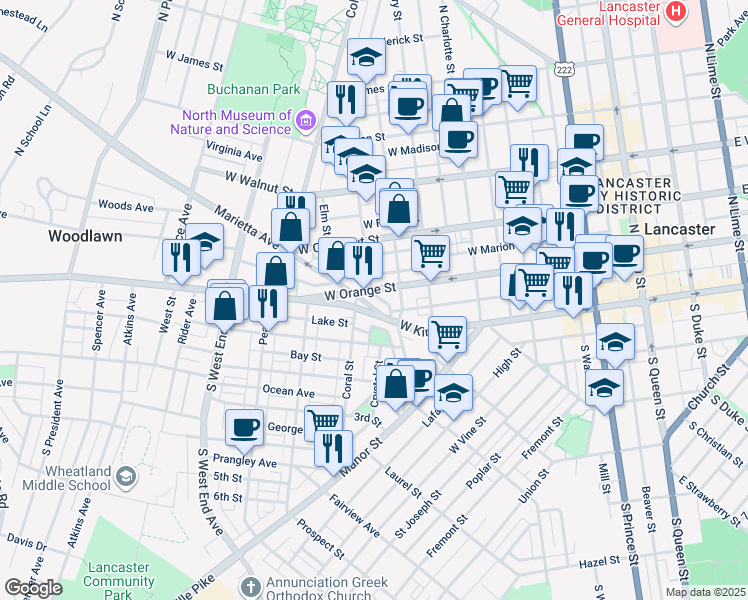 map of restaurants, bars, coffee shops, grocery stores, and more near 552-598 Nevin Street in Lancaster