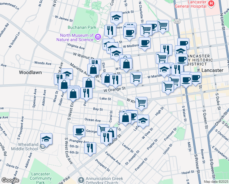 map of restaurants, bars, coffee shops, grocery stores, and more near 626 West Orange Street in Lancaster