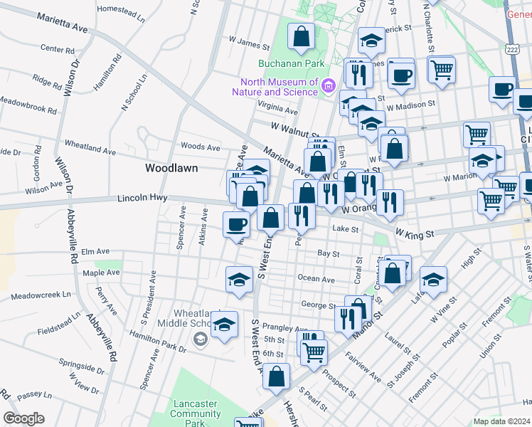 map of restaurants, bars, coffee shops, grocery stores, and more near 920 Columbia Avenue in Lancaster