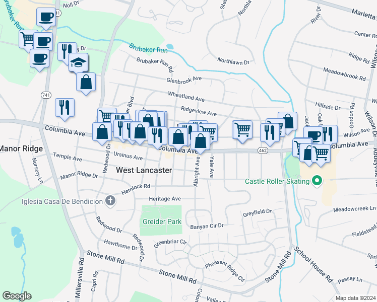map of restaurants, bars, coffee shops, grocery stores, and more near 1730 Columbia Avenue in Lancaster