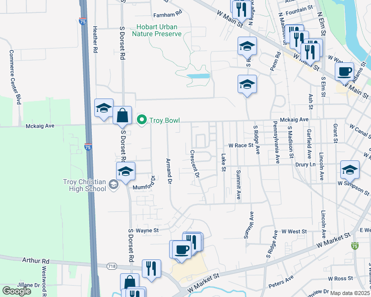 map of restaurants, bars, coffee shops, grocery stores, and more near 404 Crescent Drive in Troy