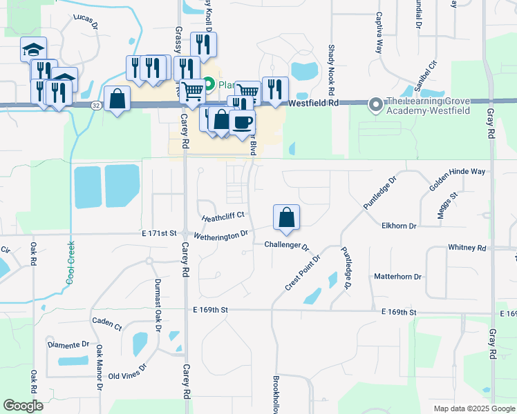 map of restaurants, bars, coffee shops, grocery stores, and more near 17213 Gunther Boulevard in Westfield