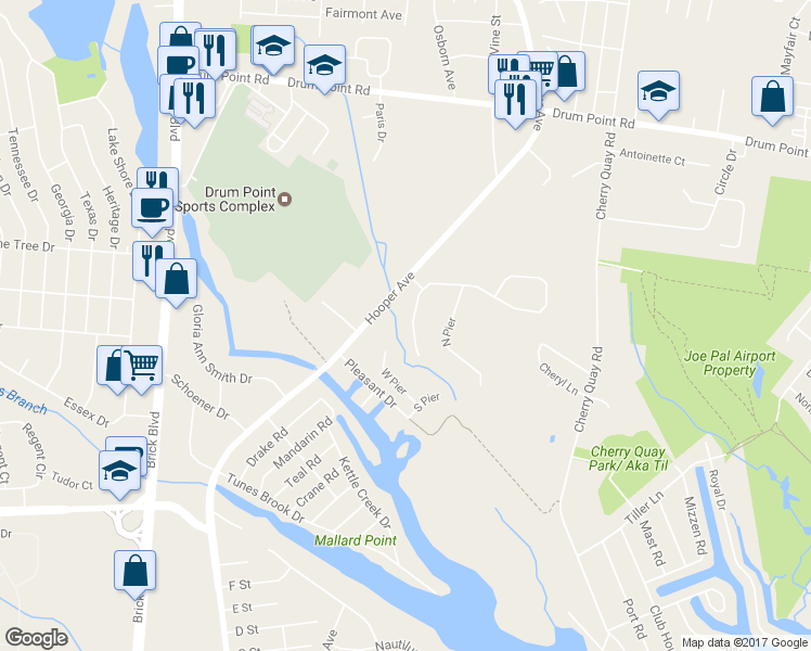 map of restaurants, bars, coffee shops, grocery stores, and more near 28 South Sailors Quay Drive in Brick Township