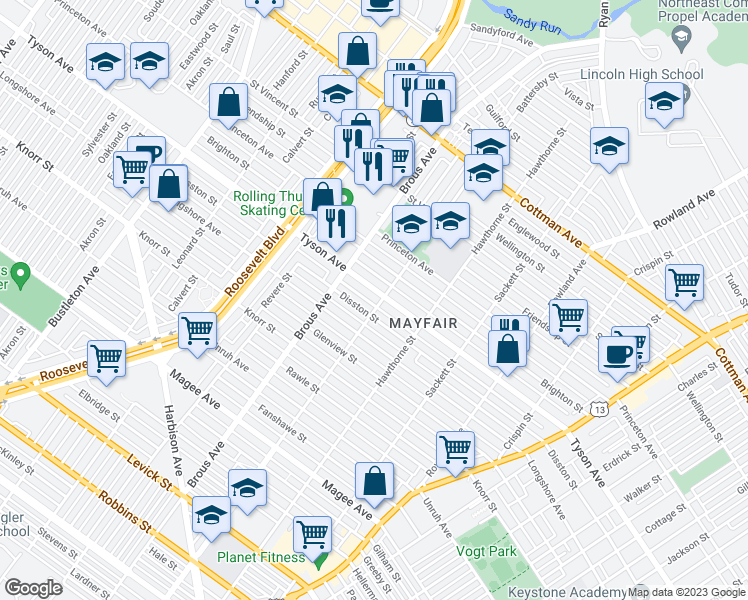 map of restaurants, bars, coffee shops, grocery stores, and more near 2952 Tyson Avenue in Philadelphia