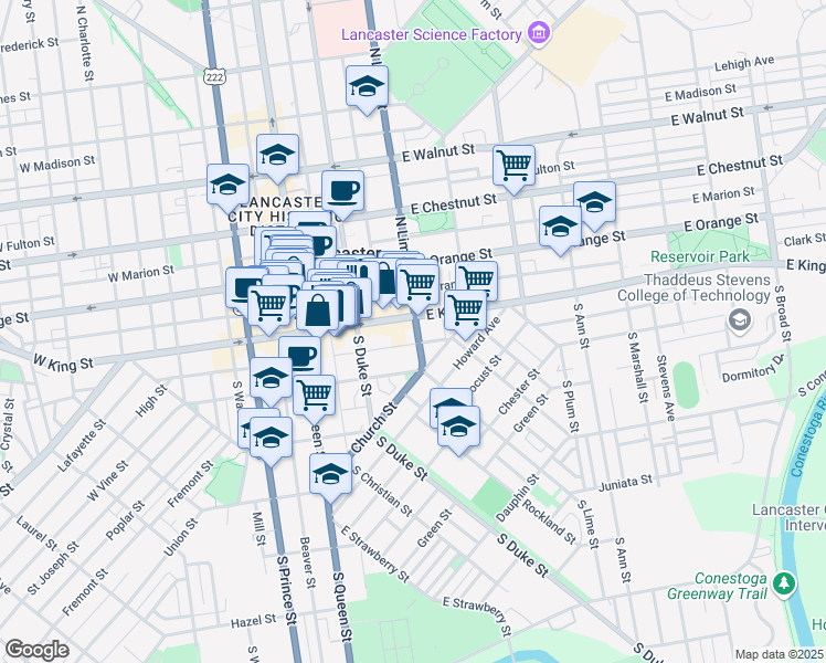 map of restaurants, bars, coffee shops, grocery stores, and more near 14 South Lime Street in Lancaster