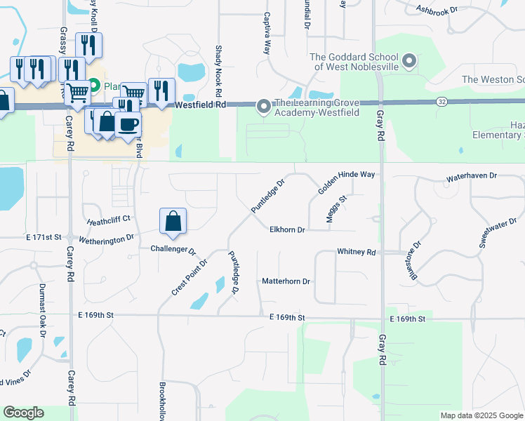 map of restaurants, bars, coffee shops, grocery stores, and more near 17209 Puntledge Drive in Noblesville