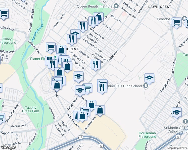 map of restaurants, bars, coffee shops, grocery stores, and more near 657 Allengrove Street in Philadelphia