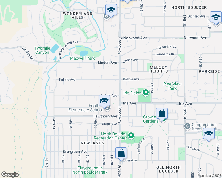 map of restaurants, bars, coffee shops, grocery stores, and more near 1151 Juniper Avenue in Boulder