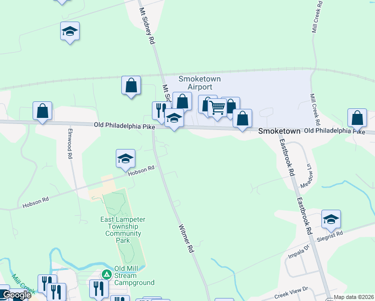 map of restaurants, bars, coffee shops, grocery stores, and more near 2426 Old Philadelphia Pike in Lancaster
