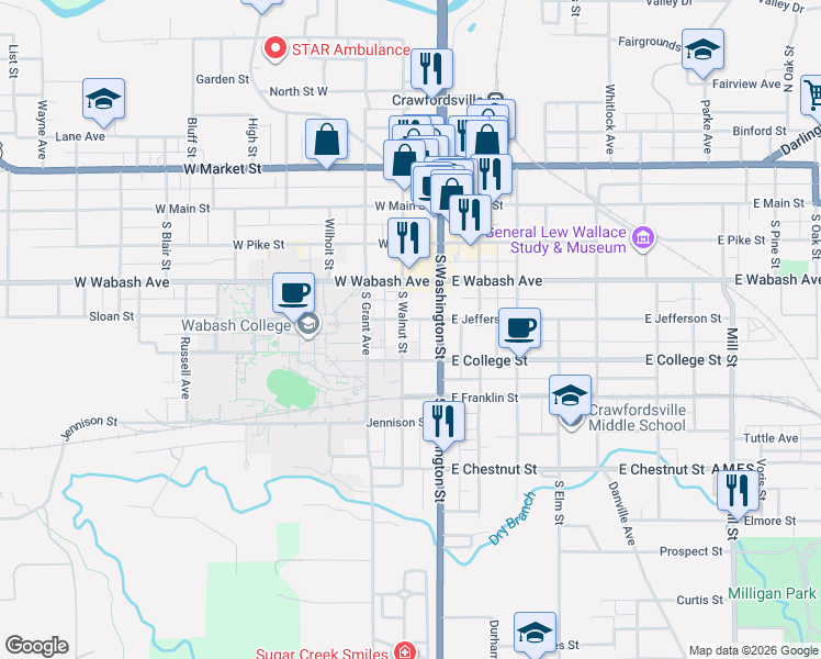 map of restaurants, bars, coffee shops, grocery stores, and more near 406 South Walnut Street in Crawfordsville