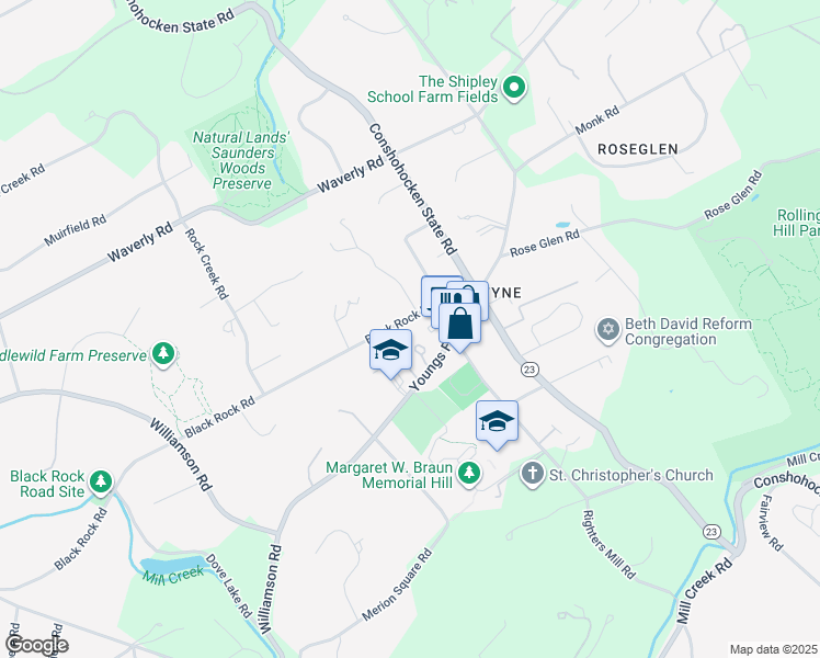 map of restaurants, bars, coffee shops, grocery stores, and more near 1013 Black Rock Rd in Gladwyne